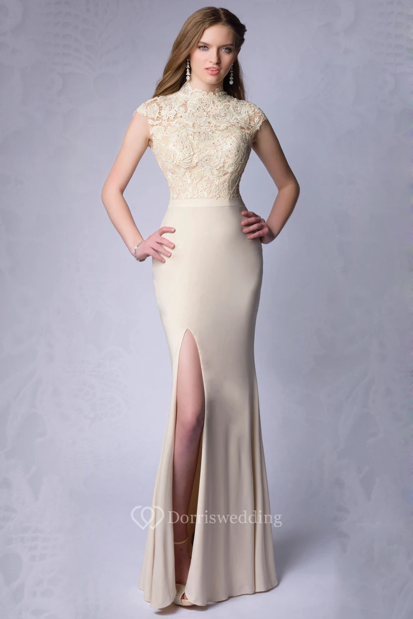 Sheath Side Slit Jersey High Neck Homecoming Dress With Lace Top
