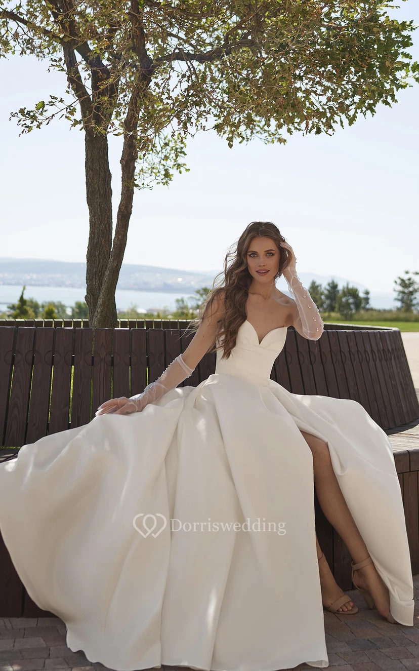 Ball Gown Empire Sweetheart Sleeveless Floor Length Satin Simple Wedding Dress with Ruching and Split Front view 2