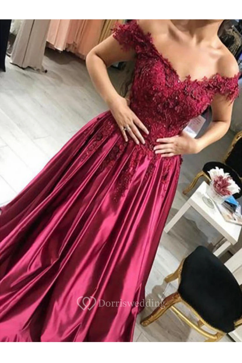 A-Line Satin Lace Off-the-shoulder Short Sleeve Zipper Dress
