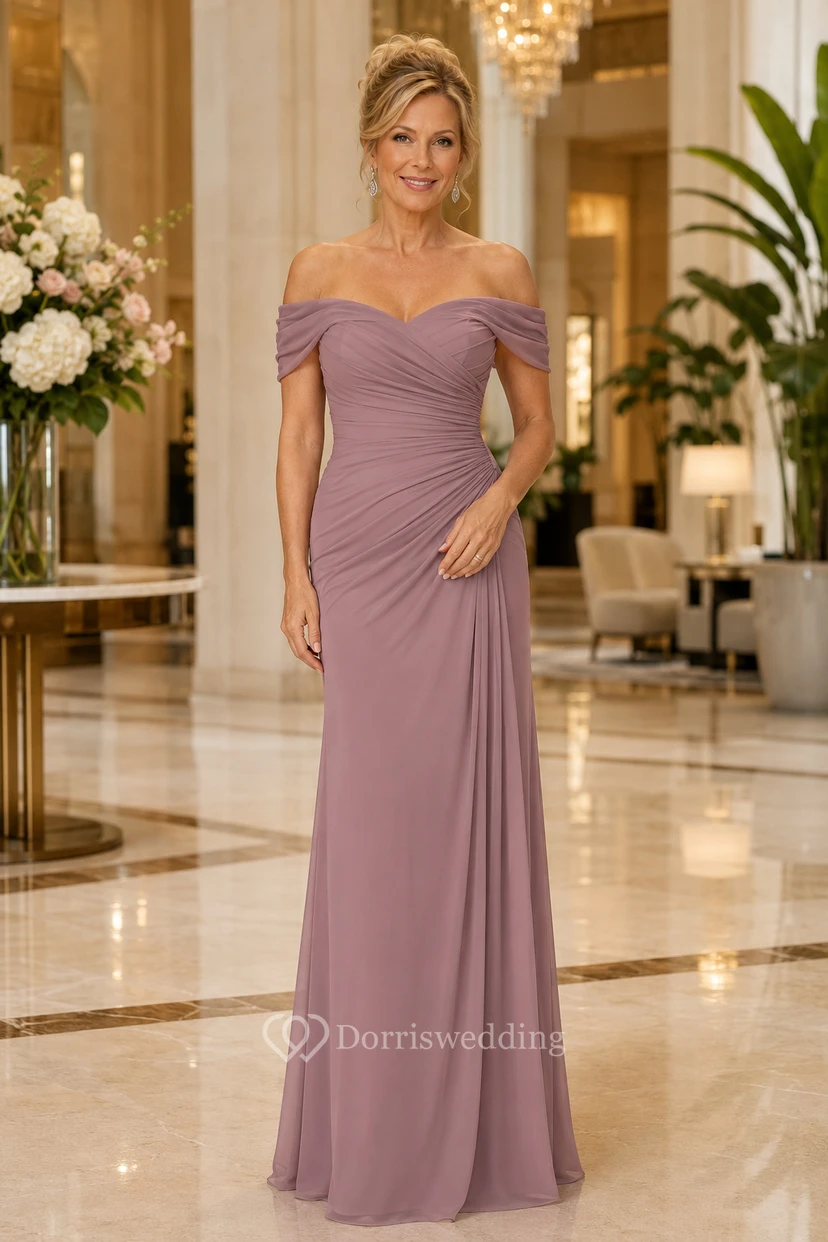 MOB Kleid, mauvefarbenes Chiffon-Jersey-Etui-Kleid, kurze Ärmel, schulterfrei, bodenlang, gerafft