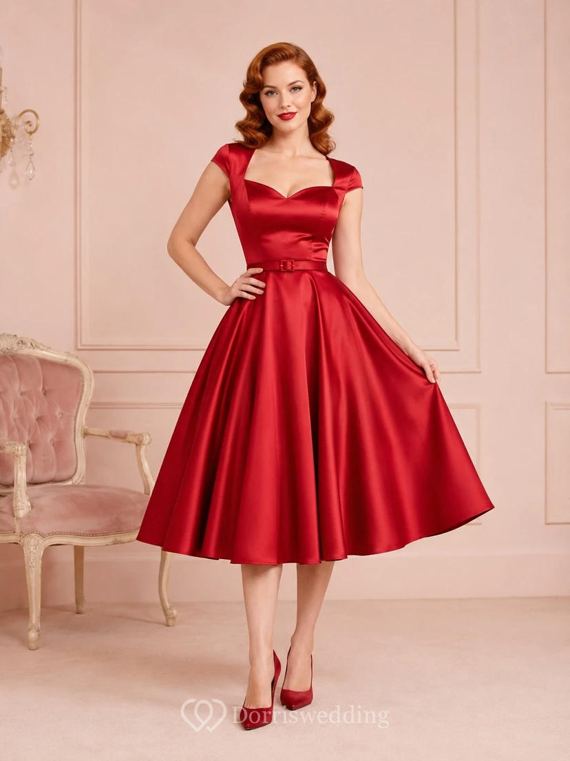 Rotes Vintage-Cocktailkleid aus Satin mit herzförmigem Ausschnitt, kurzen Ärmeln und A-Linien-Schnitt, wadenlang