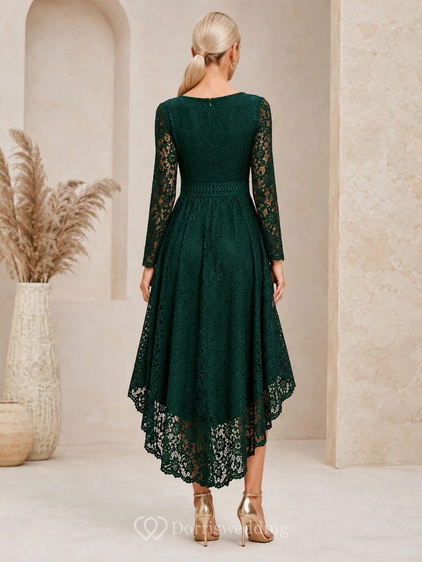 Elegant Green Lace A-Line High-Low V-Neck Long Sleeve Formal Dress view 2