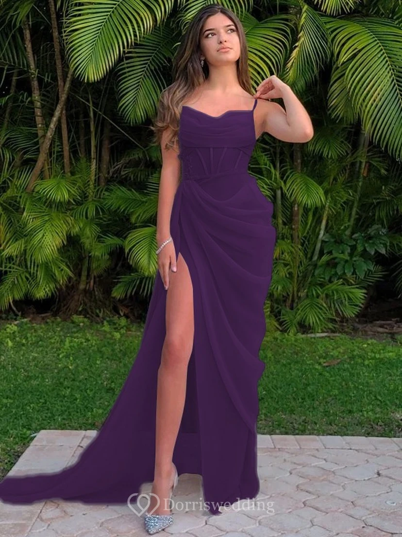 Spaghetti Ruched Sexy Front Split Sheath Side-ruched Prom Dress view 21