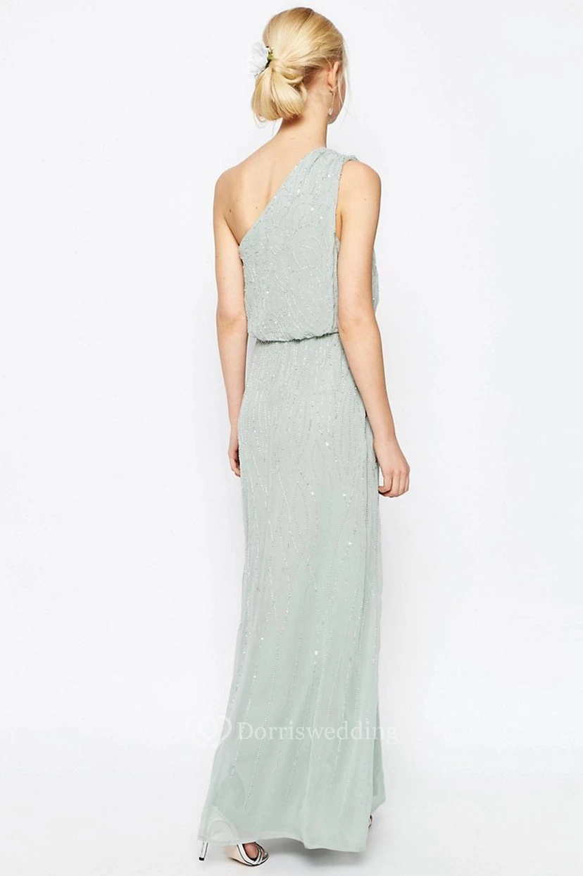 Sheath Ankle-Length Sleeveless Beaded One-Shoulder Chiffon Bridesmaid Dress view 2