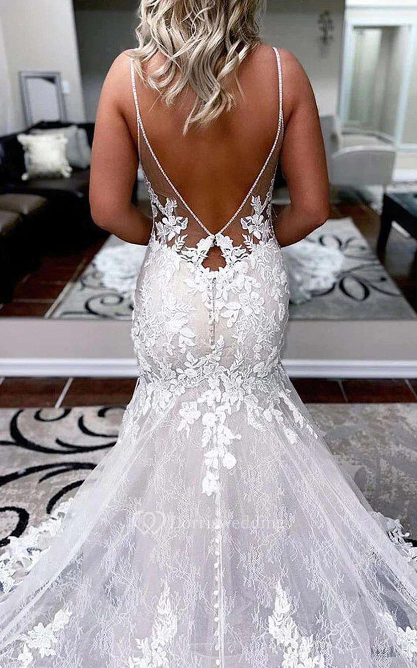 Robe de mariée de plage de luxe dos nu en dentelle spaghetti sirène avec appliqués et dentelle spaghetti view 3