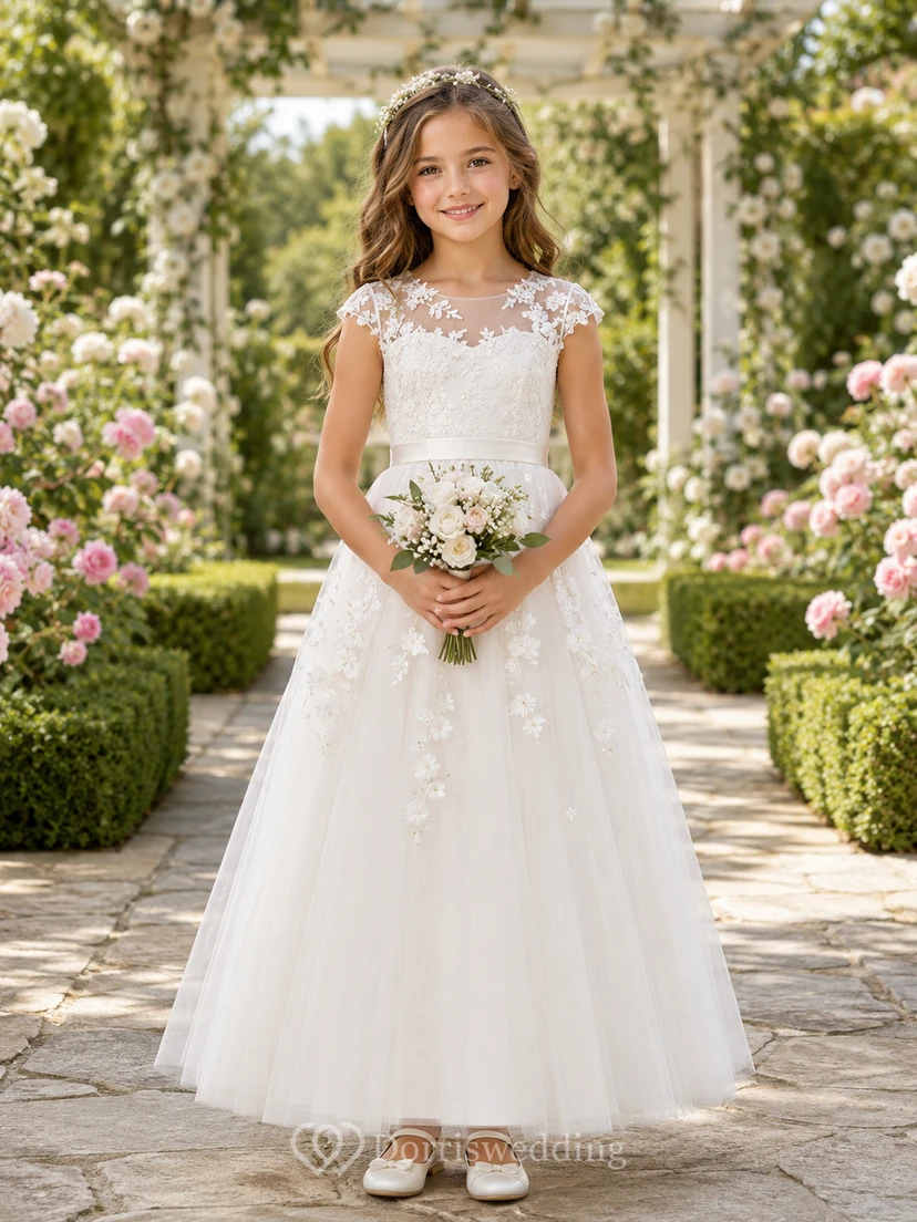 Lace Bodice Tulle A-Line Flower Girl Dress with Short Sleeves, Jewel Neck and Tea-Length Skirt