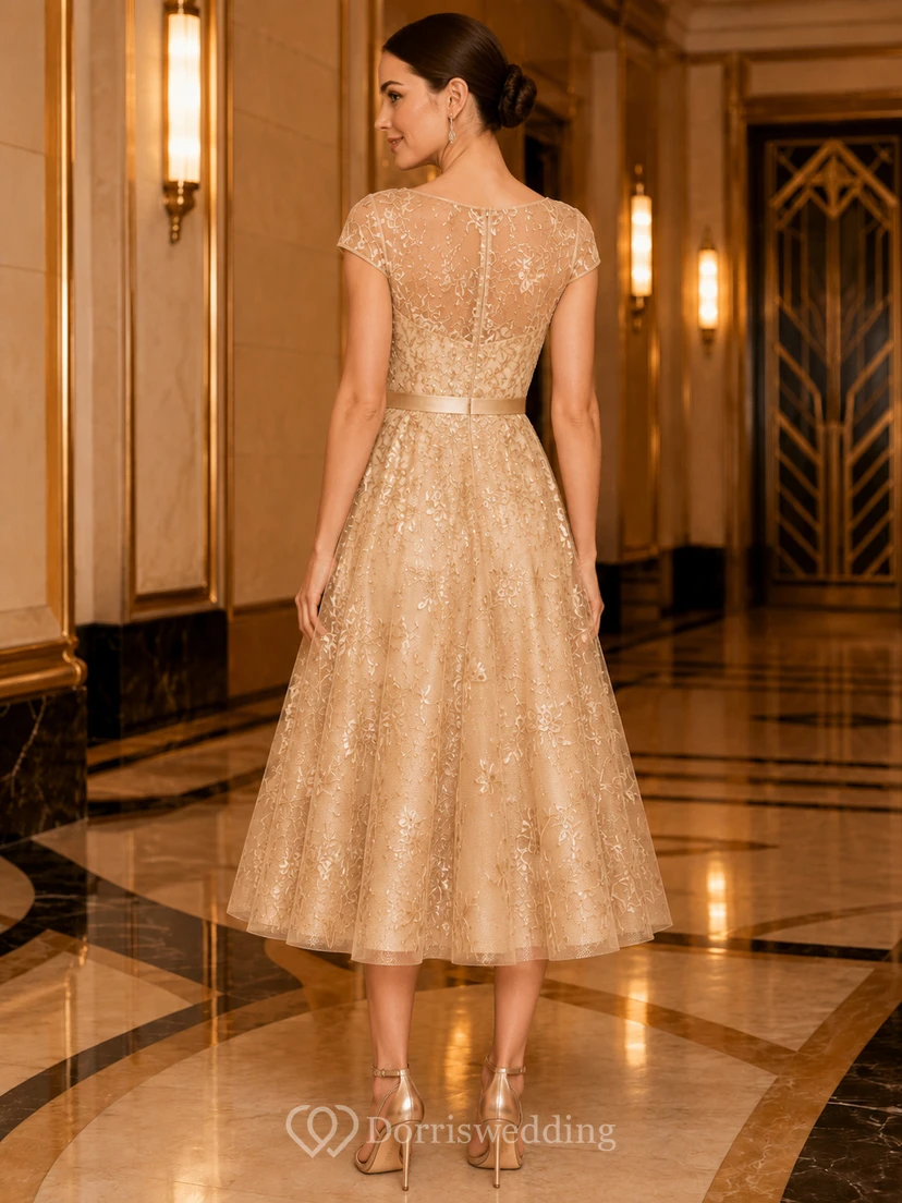 Luxury Gold Sequin Prom A Line Tea Length Scoop Neck Cap Sleeve Dress view 2