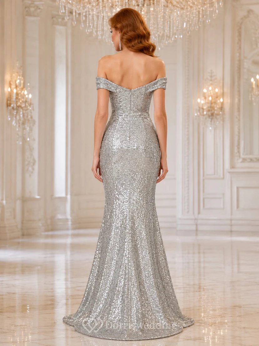 Silbernes Pailletten-Abendkleid im Meerjungfrauenstil mit schulterfreiem Ausschnitt view 2