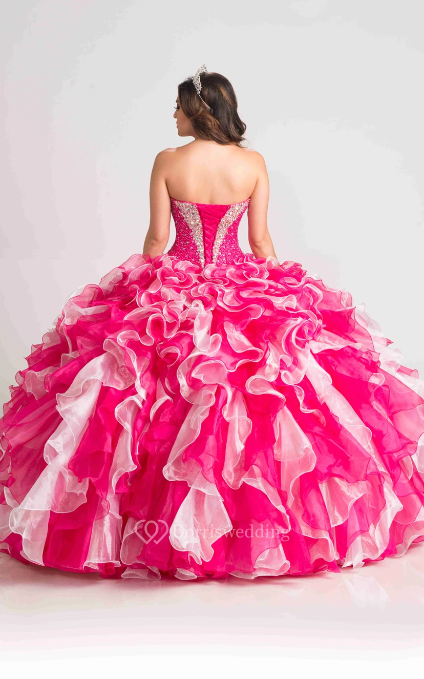 Vestido de gala con escote corazón y espalda con cordones, con volantes en cascada. view 2