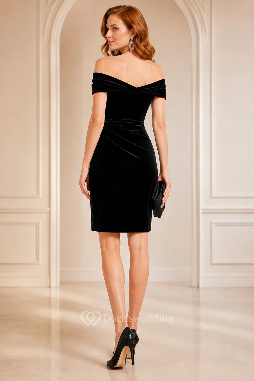Black Velvet Off-the-Shoulder Knee-Length Cocktail Dress with Pencil Skirt view 2