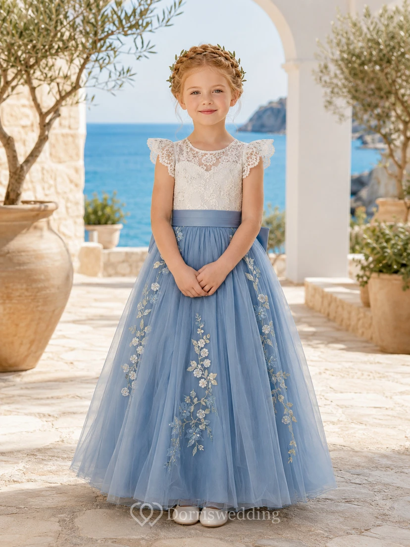 Elegant Romantic Flower Girl Dress Jewel Neck Cap Sleeve Slate Blue Tulle Floor Length Floral Embroidery
