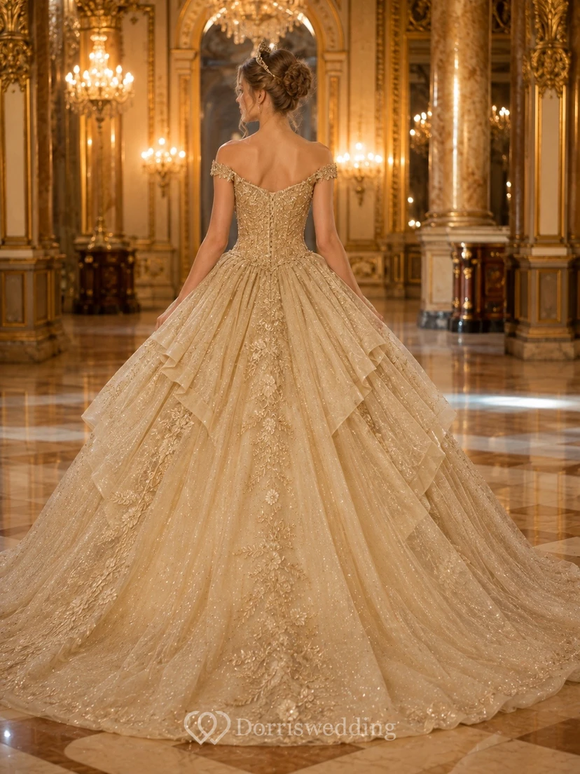 Vestido de gala de quinceañera de lujo con hombros descubiertos y detalles de cuentas, largo hasta el suelo. view 2