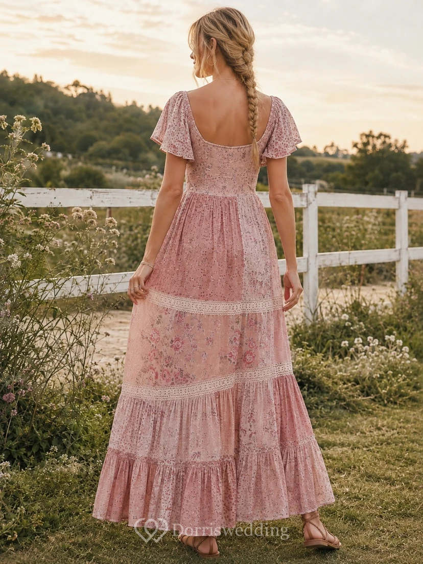 Rosa geblümtes, gestuftes Maxikleid im Boho-Stil mit langen Ärmeln und V-Ausschnitt view 2