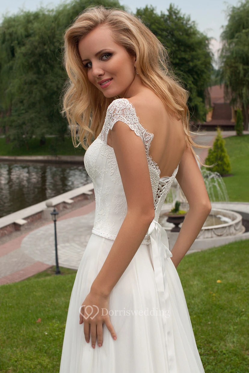Sheath Long Pleated Bateau-Neck Chiffon Wedding Dress With Lace And Corset Back view 2