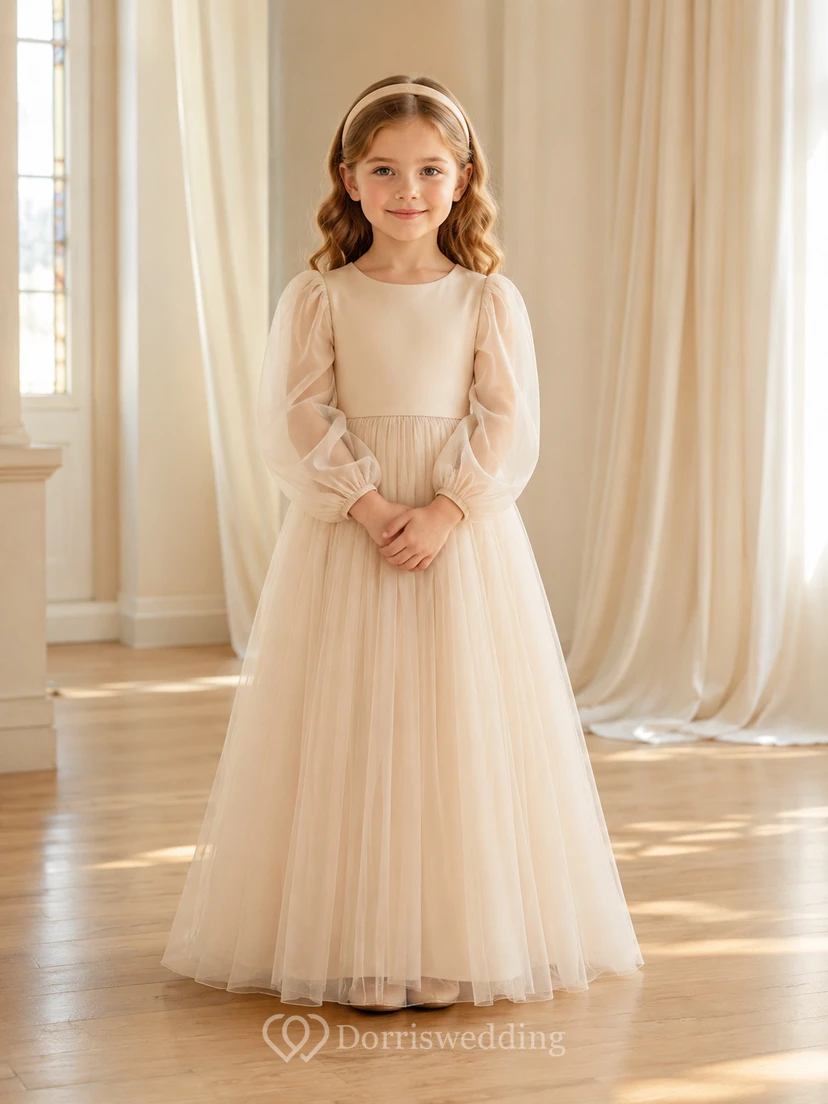Vestido de niña de flores de tul color champán de manga larga con lazo