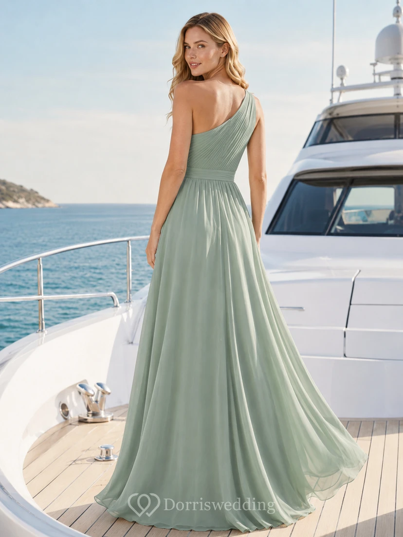 Sage Yacht A-Line Chiffon Bridesmaid Dress with Sleeveless One-Shoulder Bodice, Pleated Floor-Length Skirt and Low V Back view 2
