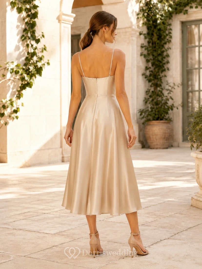 Elegant Champagne Cowl Spaghetti Satin A-Line Tea-Length Formal Guest Dress view 2
