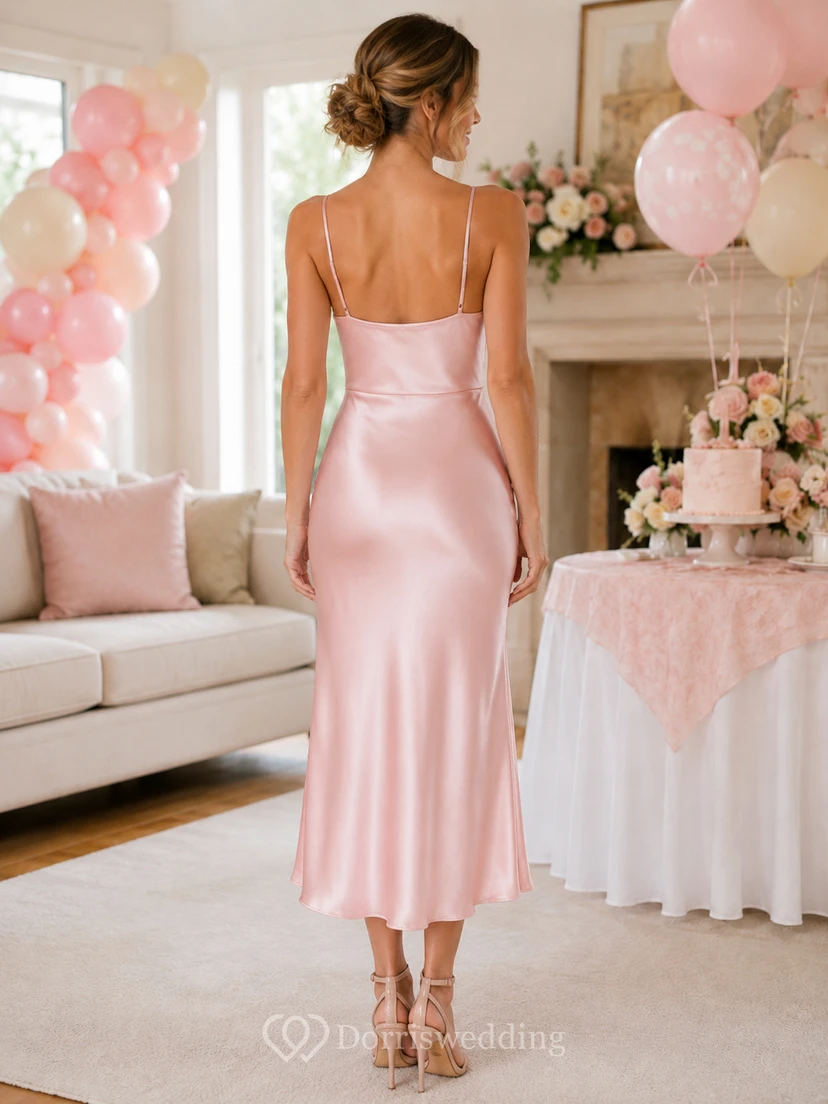 Blush Satin Cowl Neck Sleeveless Birthday Party Dress view 2