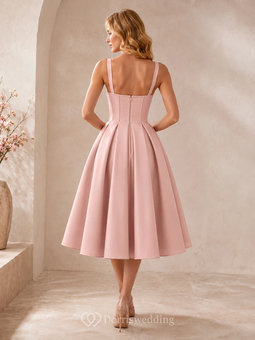 Romantisches, herzförmiges A-Linien-Cocktailkleid aus Satin in zartem Rosa mit Spaghettiträgern und Teelänge. view 2