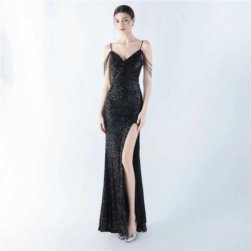 Robe de soirée sexy à bretelles et fente haute, ornée de perles et de perles artisanales. video preview