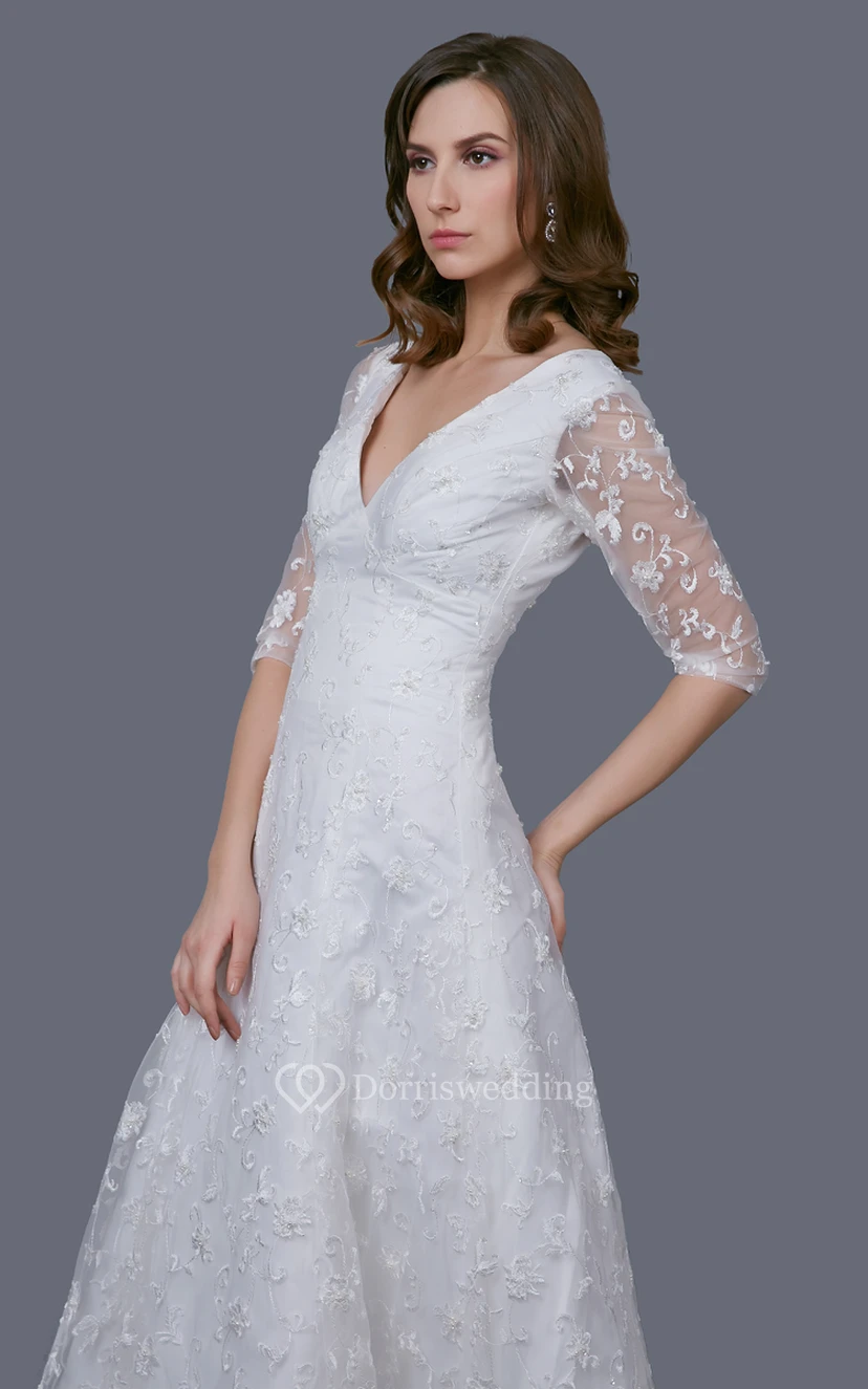 Vintage langes Spitzenkleid mit V-Ausschnitt, langen Ärmeln und A-Linien-Schnitt sowie Falten view 5