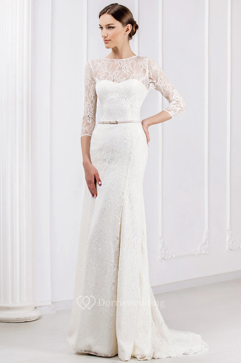 Sheath Ribboned Jewel Neck 3-4 Sleeve Lace Wedding Dress With Brush Train