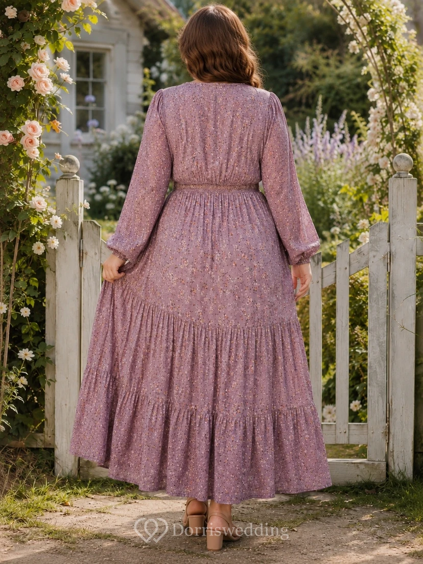 Vintage Mauve V-Neck Long-Sleeve Tiered Chiffon A-Line Floor-Length Boho Dress view 2