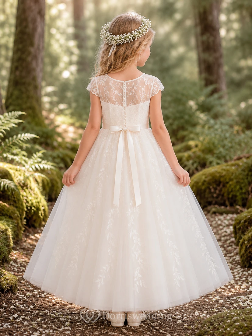 A-Line Flowergirl Lace Tulle Floor-Length Cap Sleeve Woodland Wedding Dress view 2