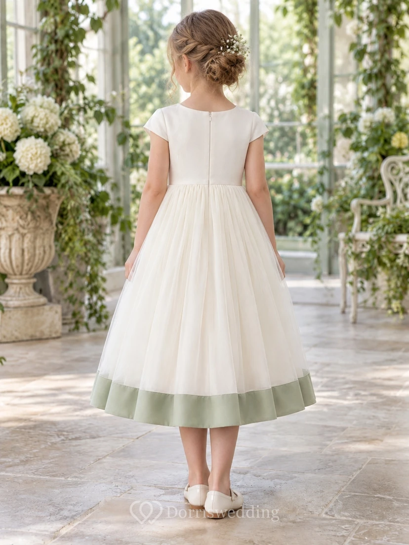 Simple Modest Tea-length Ivory Jewel Short Cap-sleeve Tulle Sage-hem Zipper-back Flower Girl Dress view 2