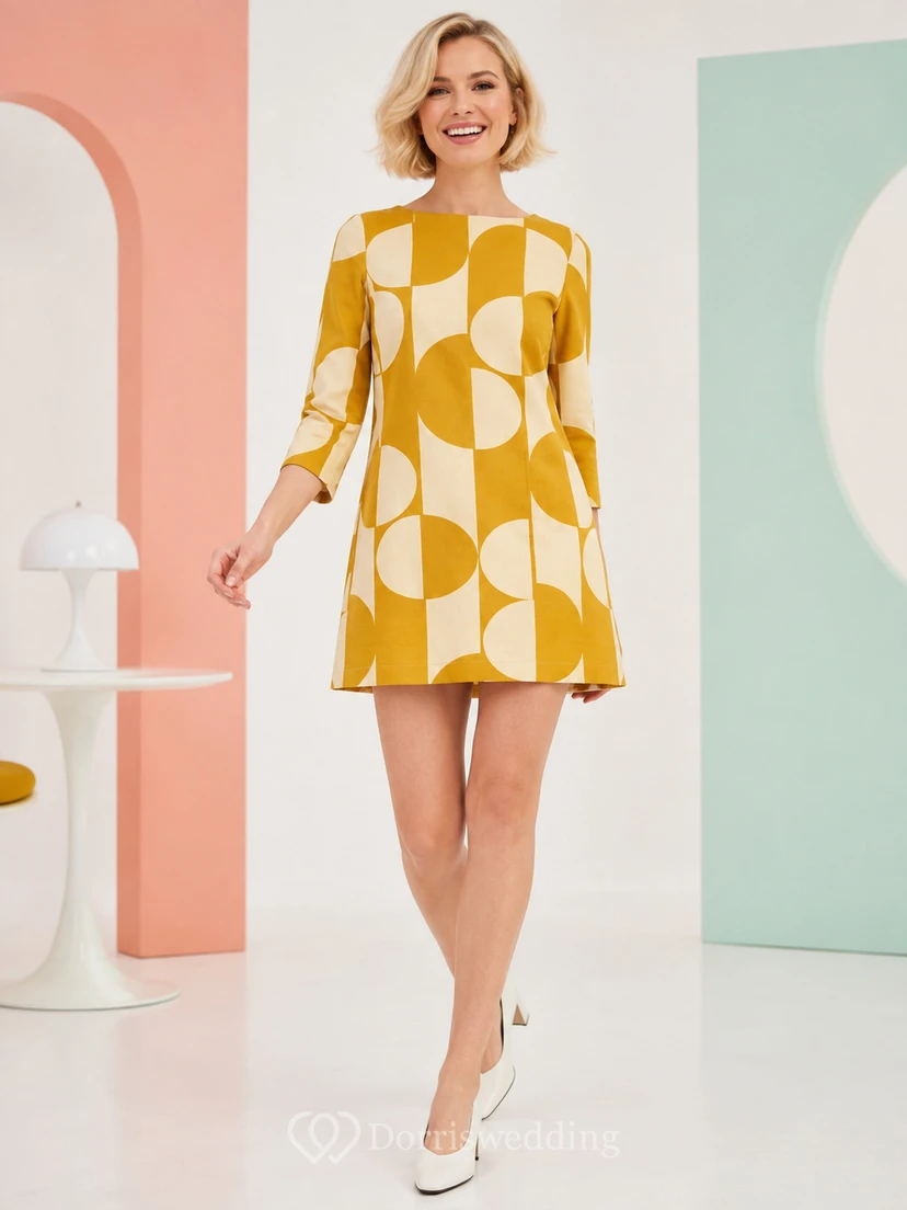 Minikleid im modernen Vintage-Stil mit geometrischem Narzissenmuster, U-Boot-Ausschnitt und Dreiviertelärmeln