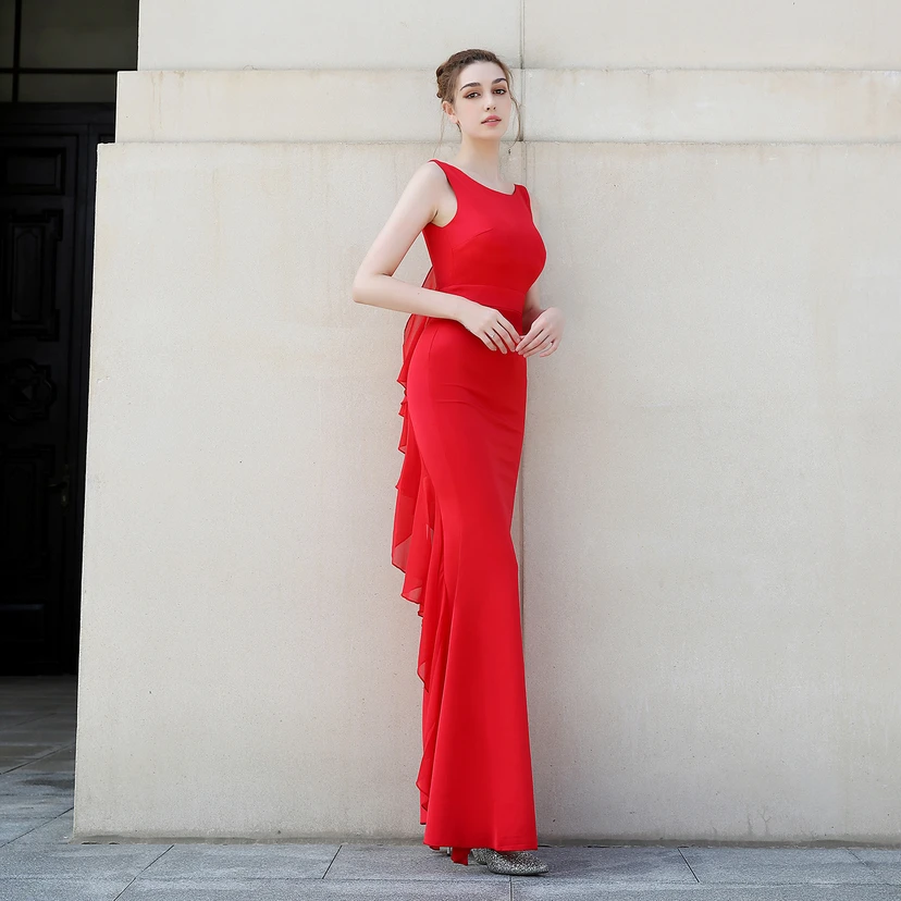Abendkleid für die Braut, lang, ärmellos, rot, mit schmalem Meerjungfrauenschnitt, geeignet für Dankesbankette, Hochzeitsfeiern, Auto-Modelltreffen und Ausstellungen view 27