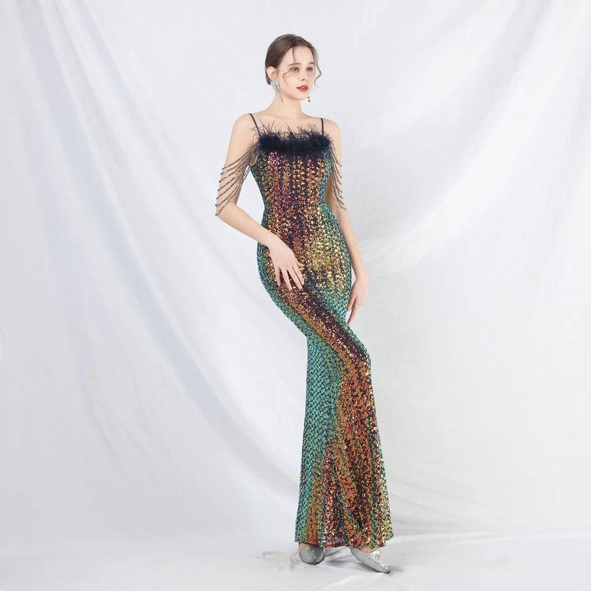 Craft Beaded Ostrich Feather Fantasy Sequined Long Evening Dress view 49