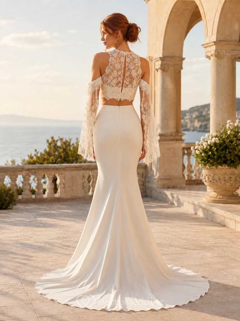 Beach Satin Lace Wedding Dress Mermaid High Neck Long Sleeve Sweep Train Bridal Gown view 2