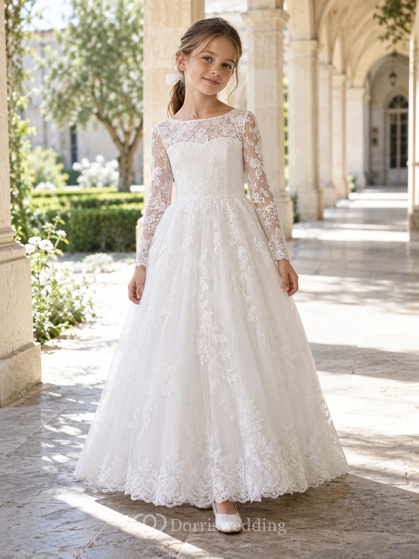 Modest White Floor-length Long Sleeve Illusion Bateau Lace Communion Dress