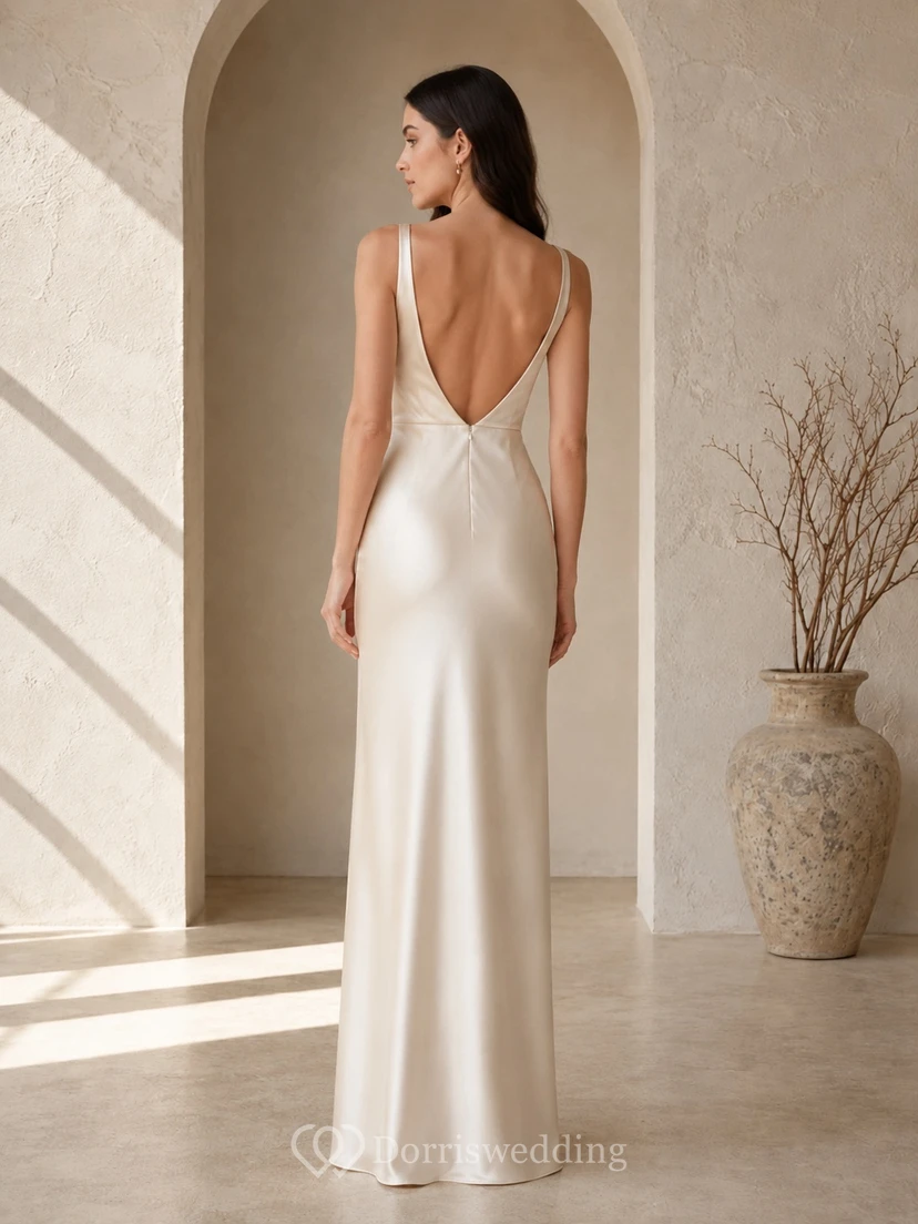 Sexy Brautkleid aus Satin mit Wasserfallausschnitt, V-Ausschnitt, Spaghettiträgern und bodenlang view 2