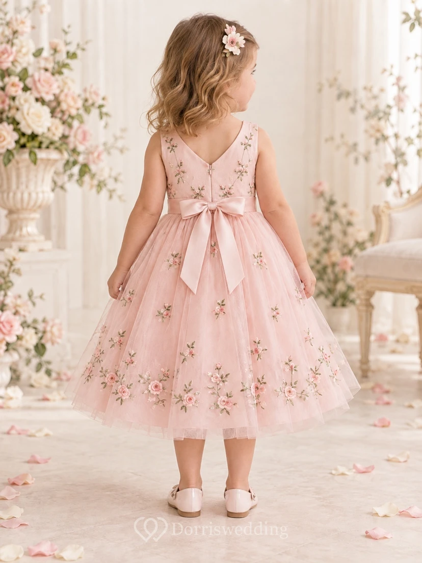 Teelanges, zartrosa geblümtes, sommerliches A-Linien-Kleid aus Tüll, ärmellos, mit Schleife am Rücken, für Blumenmädchen view 2
