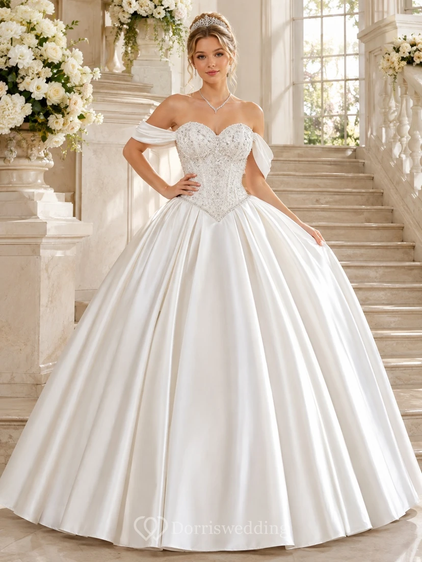 White Princess Off-Shoulder Beaded Satin Ball Gown Floor-Length Quinceanera Dress