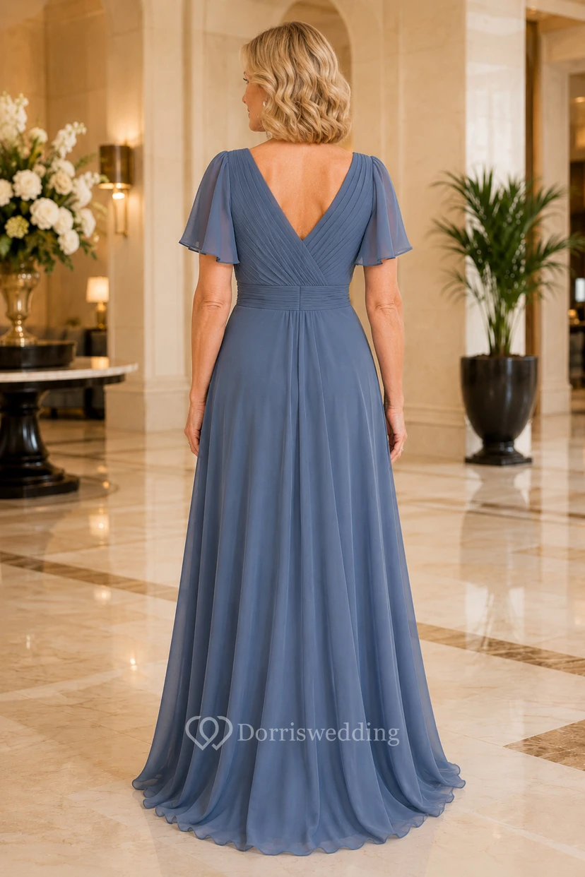Schieferblaues Chiffon-Kleid in A-Linie mit V-Ausschnitt und Volantärmeln view 2