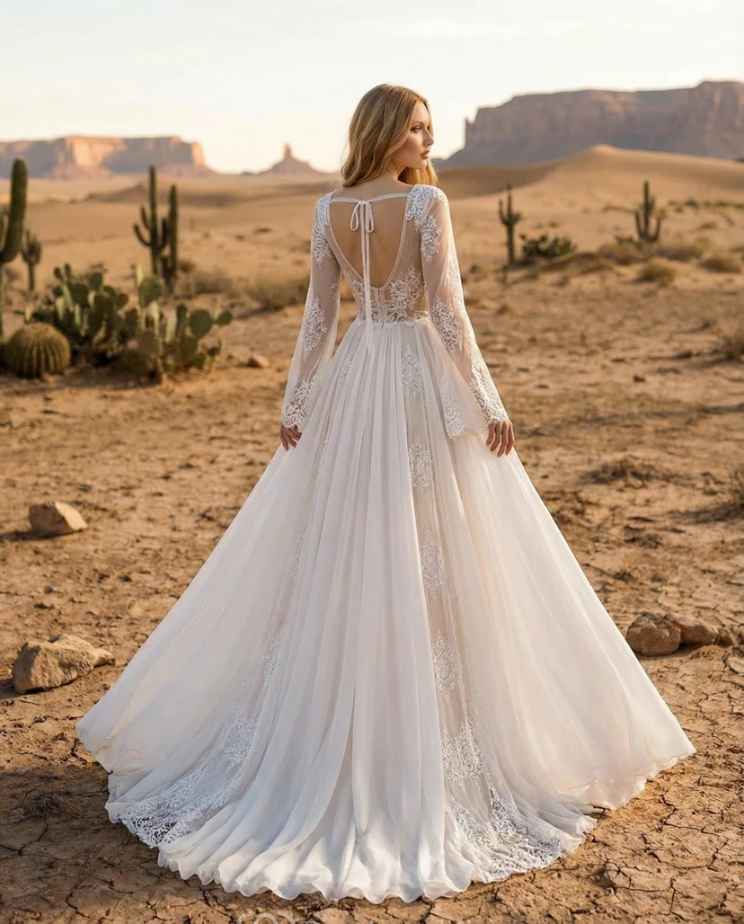 Vestido de novia estilo bohemio desértico de manga larga con escote en V profundo, encaje y gasa. view 2