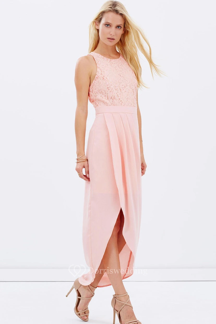 High-Low Lace Scoop Neck Sleeveless Chiffon Bridesmaid Dress view 4