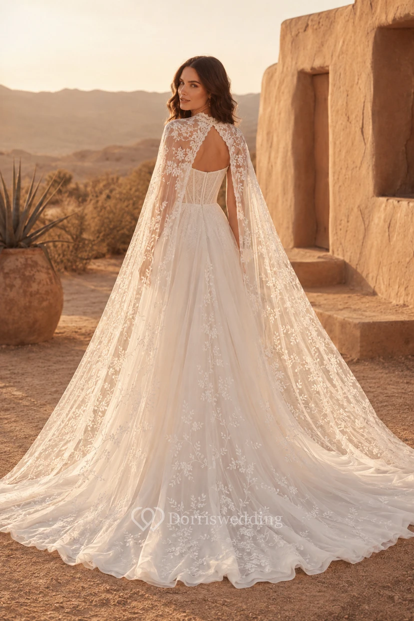 Boho Lace Cape A-Line Wedding Dress view 2