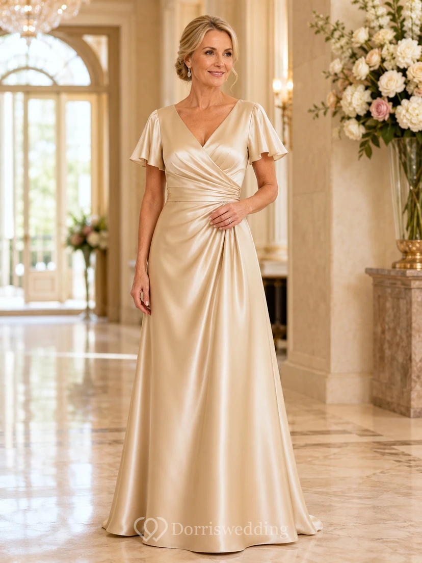 Elegantes, champagnerfarbenes, bodenlanges A-Linien-Kleid aus Satin für die Mutter der Braut mit V-Ausschnitt, flatternden Ärmeln und drapierter Taille.
