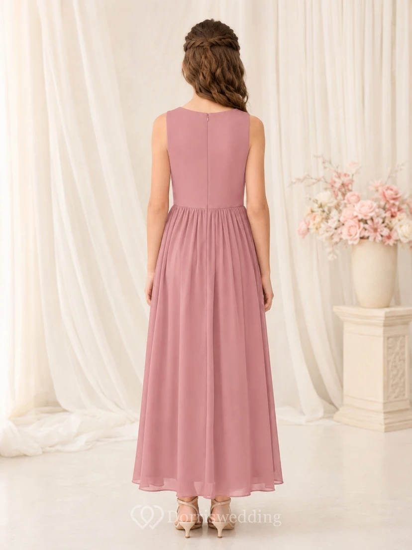 Preiswertes, ärmelloses Chiffon-Brautjungfernkleid in Altrosa mit Strasssteinen, A-Linie und Teelänge view 2