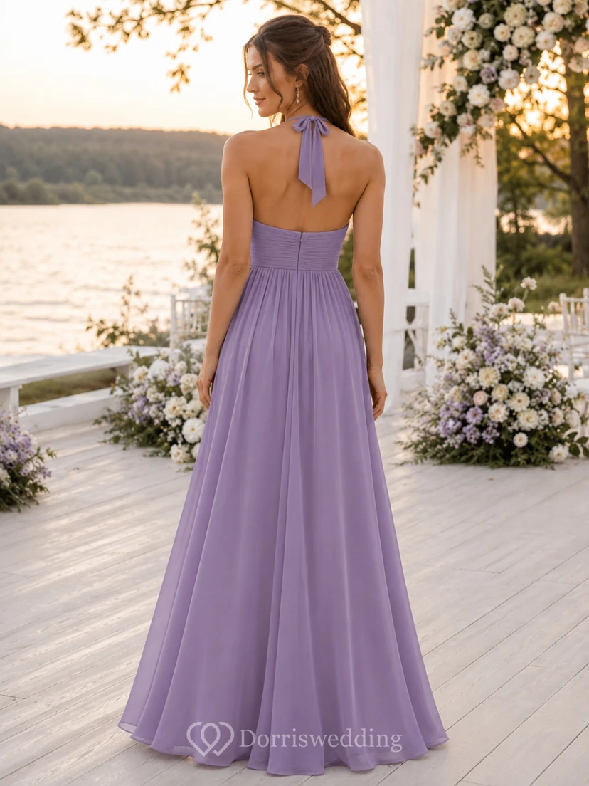 Romantic Lilac Halter High Neck Chiffon A Line Bridesmaid Gown view 2
