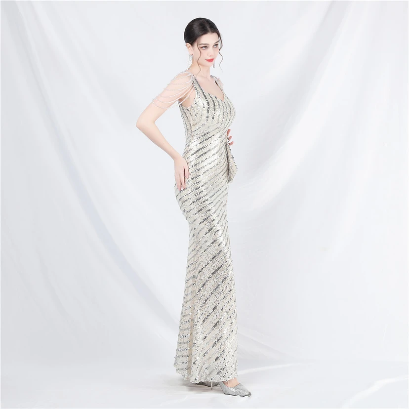 Craft Sequined Velvet Bottom Handmade Beaded Long Elegant Light Luxury Evening Dress view 73