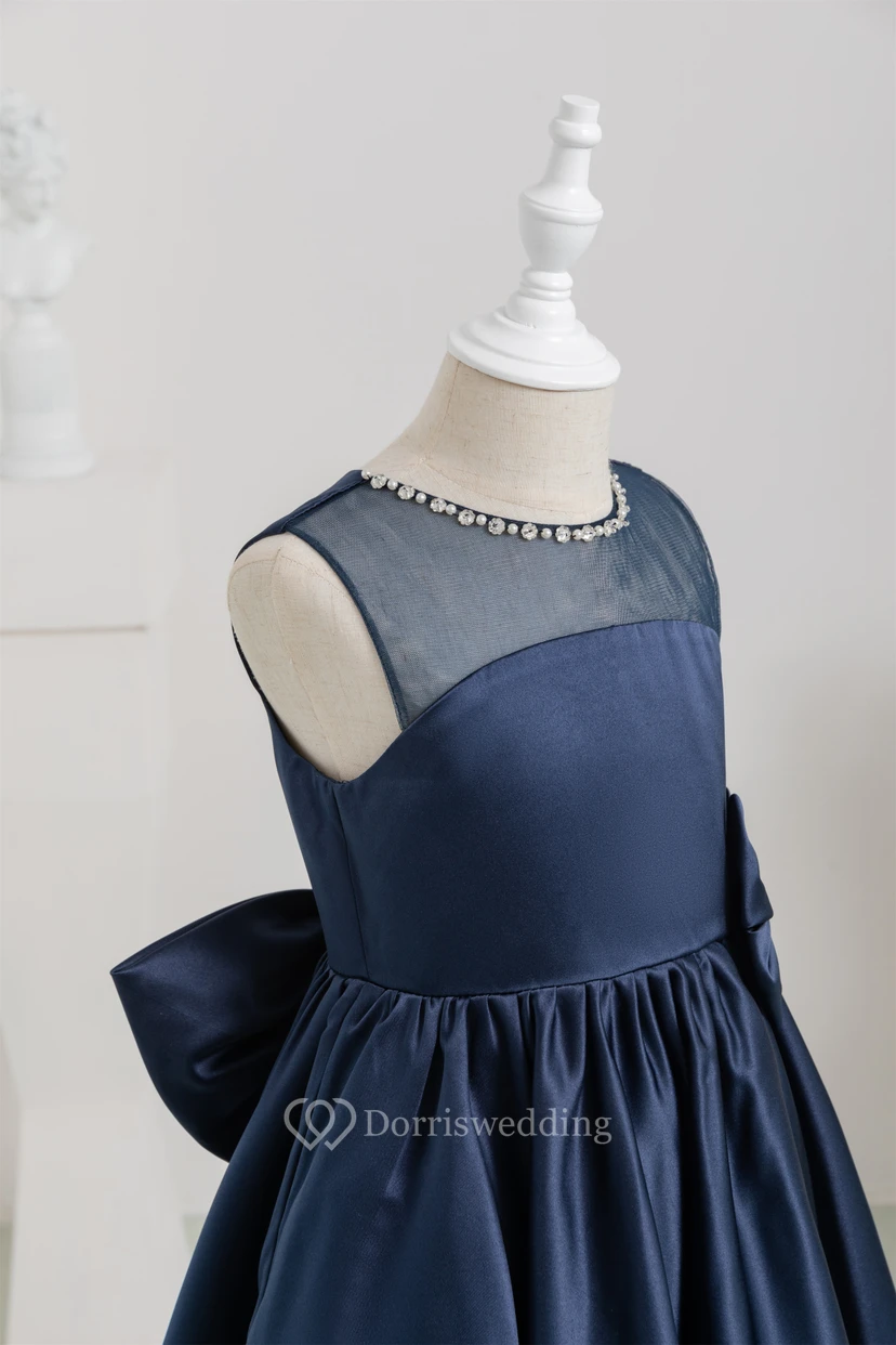 Jewel Satin Short A-line Bowed Dark Navy Flowergirl Dress view 6