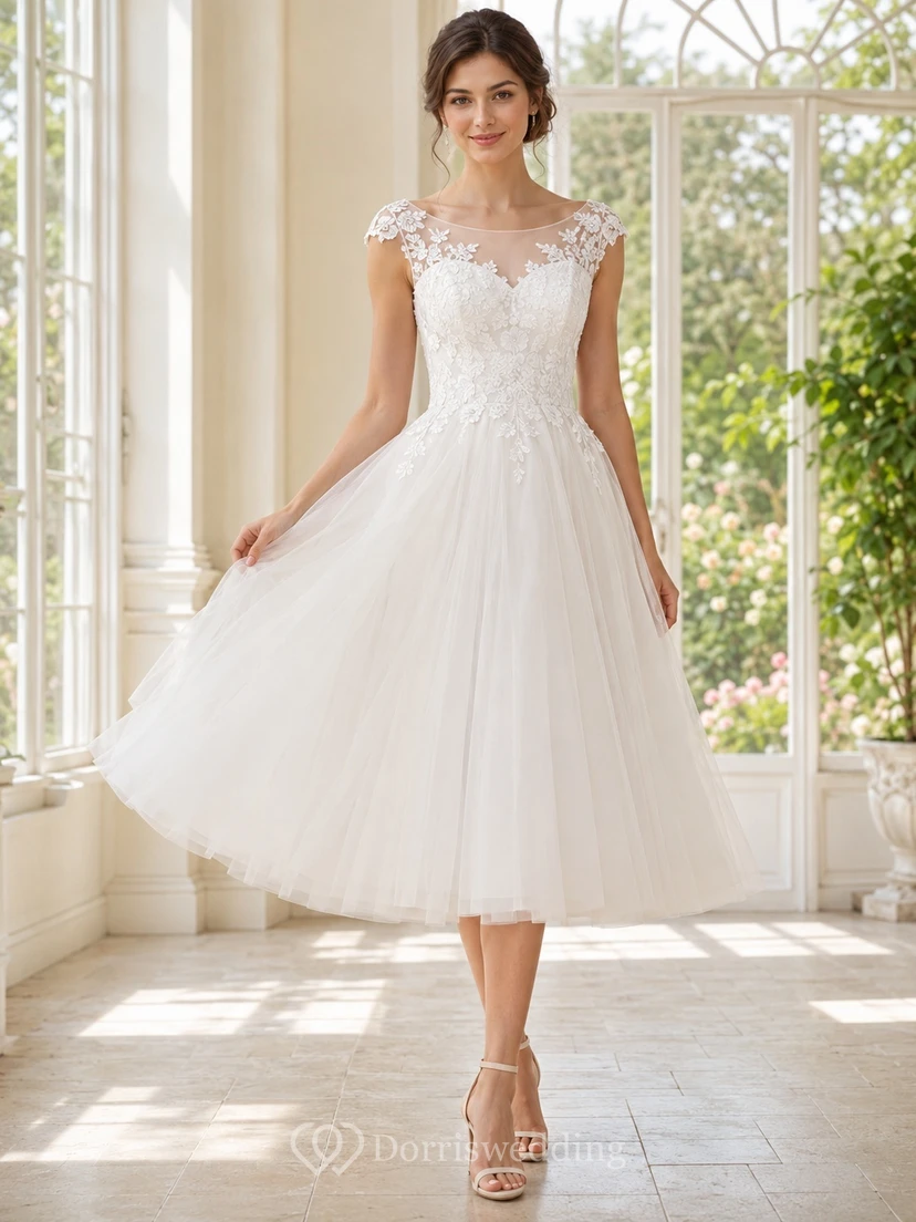 White Illusion Bateau Lace Applique Tulle A-Line Tea-Length Romantic Prom Dress