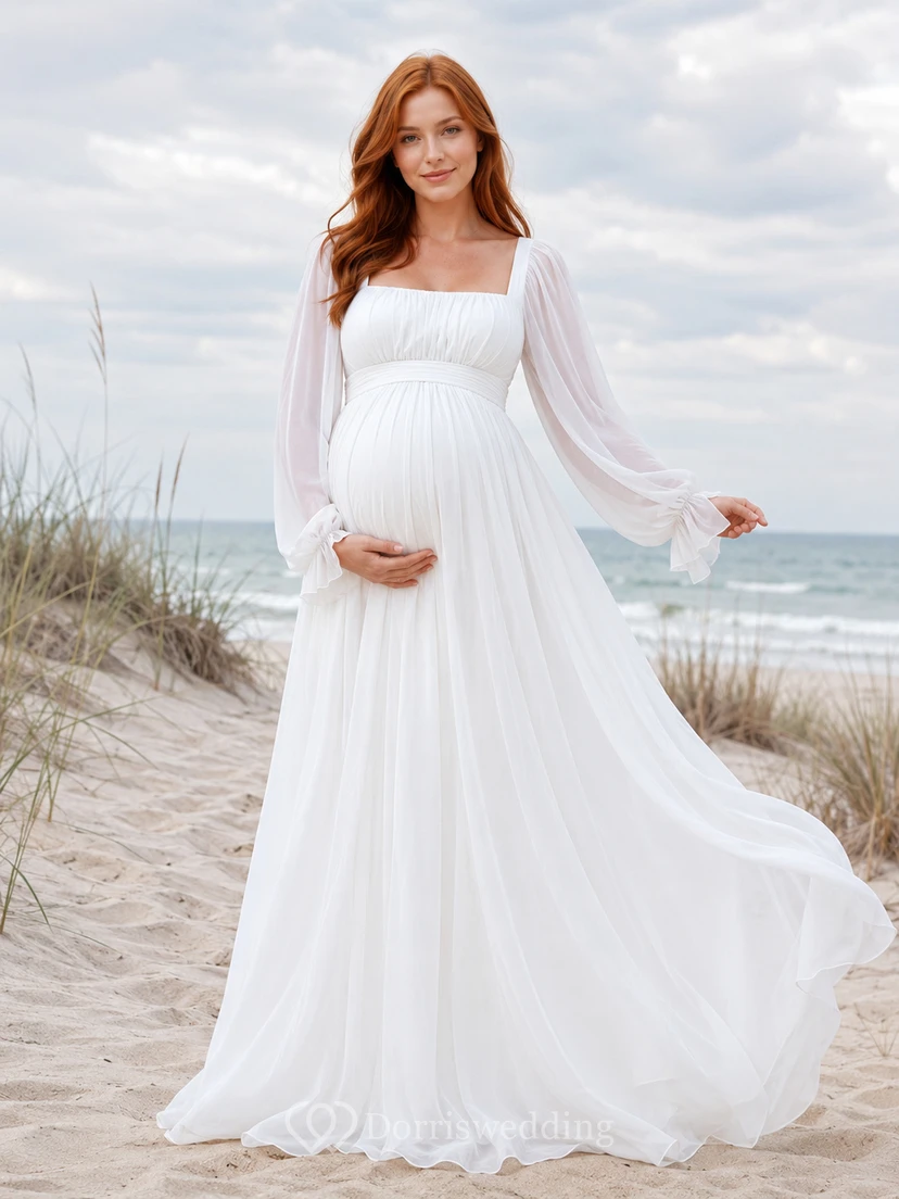 Long Sleeve Square Neck Chiffon Beach Maternity Gown
