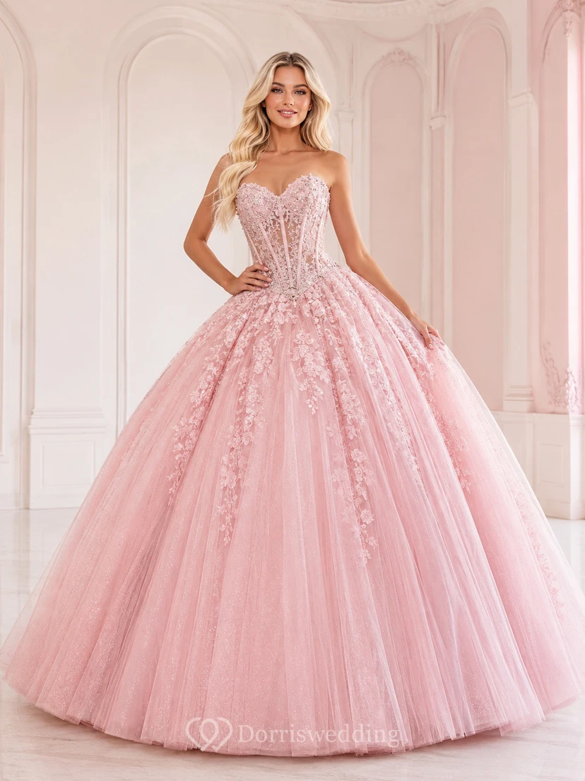 Vestido de princesa de lujo rosa rubor sin tirantes con escote corazón y cintura tipo vasco, estampado floral, ideal para quinceañeras.