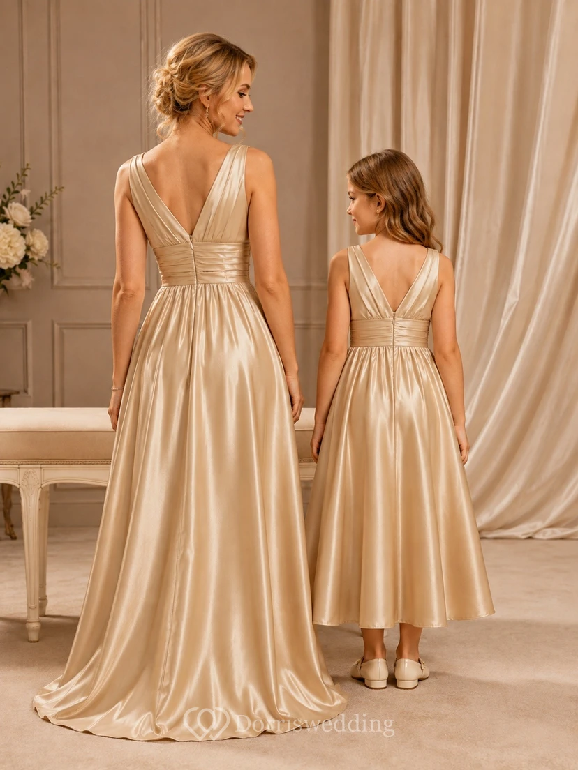 Mutter-Tochter-Set: Champagnerfarbenes, ärmelloses A-Linien-Abendkleid aus Satin view 2